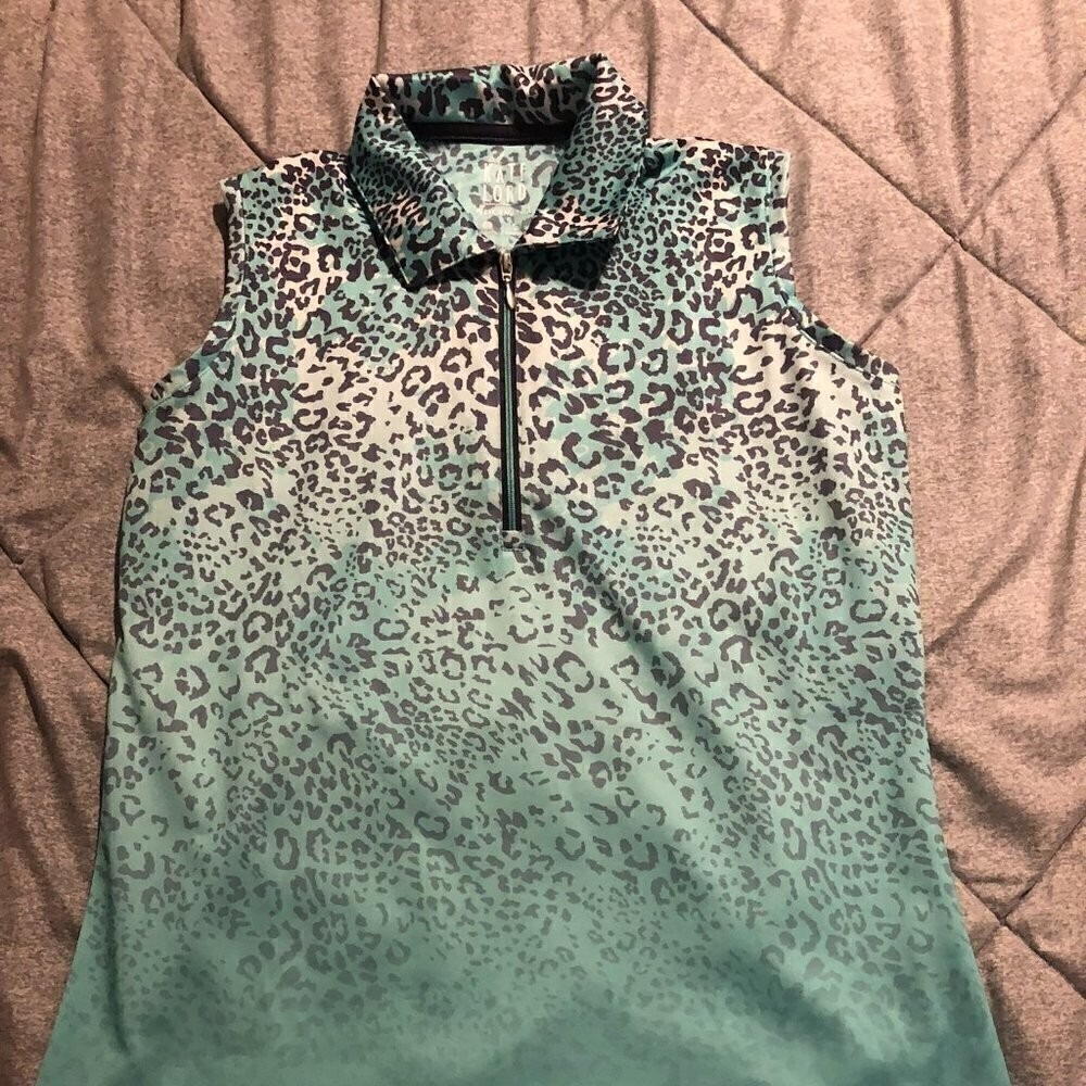 Kate Lord Performance Teal Leopard Print Sleeveless Quarter Zip Golf Polo‎ Sz S